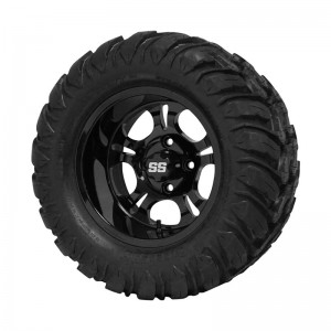 12" Black 'DARKSIDE' Golf Cart Wheels and 22"x11"-12"  DOT rated Mud-Terrain/All-Terrain tires - Set of 4, includes Black 'SS' center caps and M12x1.25 Black lug nuts