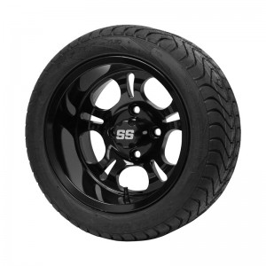 12" Black 'DARKSIDE' Golf Cart Wheels and 215/40-12 (18.5"x8.5"-12") DOT rated Low Profile tires - Set of 4, includes Black 'SS' center caps and M12x1.25 Black lug nuts