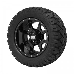 12" Black 'Night Stalker' Golf Cart Wheels and 20"x10"-12" STINGER On-Road/Off-Road DOT rated All-Terrain tires - Set of 4, includes Black 'SS' center caps and 1/2x20 Black lug nuts