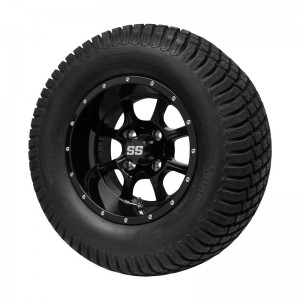 12" Black 'Night Stalker' Golf Cart Wheels and 23"x10.5"-12" Turf tires - Set of 4, includes Black 'SS' center caps and M12x1.25 Black lug nuts