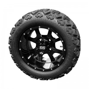 12" Black 'Night Stalker' Golf Cart Wheels and 20"x10"-12" DOT rated All-Terrain tires - Set of 4, includes Black 'SS' center caps and M12x1.25 Black lug nuts