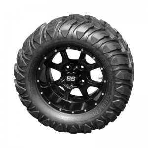 12" Black 'Night Stalker' Golf Cart Wheels and 22"x11"-12"  DOT rated Mud-Terrain/All-Terrain tires - Set of 4, includes Black 'SS' center caps and M12x1.25 Black lug nuts