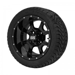 12" Black 'Night Stalker' Golf Cart Wheels and 215/40-12 (18.5"x8.5"-12") DOT rated Low Profile tires - Set of 4, includes Black 'SS' center caps and 1/2x20 Black lug nuts