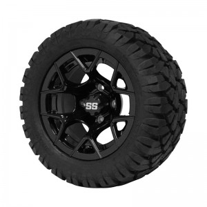 12" Black 'Rally' Golf Cart Wheels and 20"x10"-12" STINGER On-Road/Off-Road DOT rated All-Terrain tires - Set of 4, includes Black 'SS' center caps and 1/2x20 Black lug nuts
