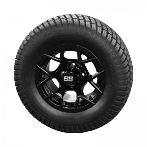 12" Black 'Rally' Golf Cart Wheels and 23"x10.5"-12" Turf tires - Set of 4, includes Black 'SS' center caps and M12x1.25 Black lug nuts