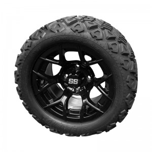 12" Black 'Rally' Golf Cart Wheels and 20"x10"-12" DOT rated All-Terrain tires - Set of 4, includes Black 'SS' center caps and M12x1.25 Black lug nuts