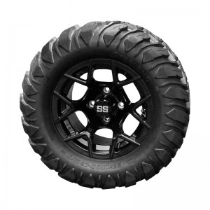 12" Black 'Rally' Golf Cart Wheels and 22"x11"-12"  DOT rated Mud-Terrain/All-Terrain tires - Set of 4, includes Black 'SS' center caps and M12x1.25 Black lug nuts