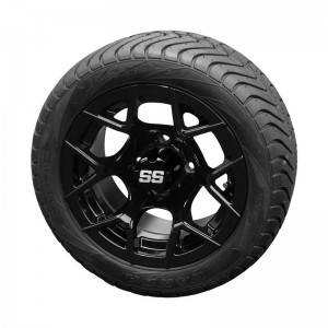 12" Black 'Rally' Golf Cart Wheels and 215/40-12 (18.5"x8.5"-12") DOT rated Low Profile tires - Set of 4, includes Black 'SS' center caps and 1/2x20 Black lug nuts