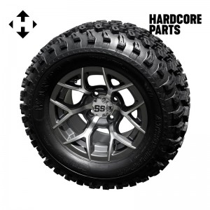 12" Machined/Gunmetal 'Rally' Golf Cart Wheels and 23″x10.5″-12″ All-Terrain tires - Set of 4, includes Chrome 'SS' center caps and 1/2x20 Chrome lug nuts