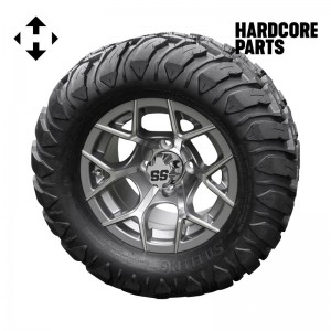 12" Machined/Gunmetal 'Rally' Golf Cart Wheels and 22″x11″-12″  DOT rated Mud-Terrain/All-Terrain tires - Set of 4, includes Chrome 'SS' center caps and 1/2x20 Chrome lug nuts