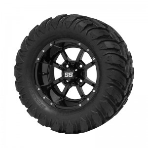 12" Black 'Storm Trooper' Golf Cart Wheels and 22"x11"-12"  DOT rated Mud-Terrain/All-Terrain tires - Set of 4, includes Black 'SS' center caps and M12x1.25 Black lug nuts