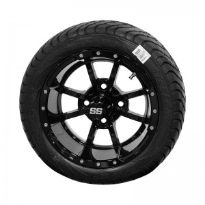 12" Black 'Storm Trooper' Golf Cart Wheels and 215/40-12 (18.5"x8.5"-12") DOT rated Low Profile tires - Set of 4, includes Black 'SS' center caps and M12x1.25 Black lug nuts