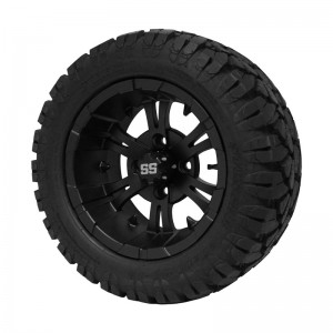 12" Black 'VAMPIRE' Golf Cart Wheels and 20"x10"-12" STINGER On-Road/Off-Road DOT rated All-Terrain tires - Set of 4, includes Black 'SS' center caps and M12x1.25 Black lug nuts