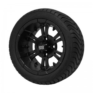 12" Black 'VAMPIRE' Golf Cart Wheels and 215/40-12 (18.5"x8.5"-12") DOT rated Low Profile tires - Set of 4, includes Black 'SS' center caps and M12x1.25 Black lug nuts