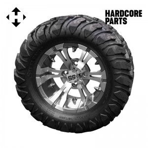 12" Machined/Gunmetal 'VAMPIRE' Golf Cart Wheels and 22″x11″-12″  DOT rated Mud-Terrain/All-Terrain tires - Set of 4, includes Chrome 'SS' center caps and 1/2x20 Chrome lug nuts
