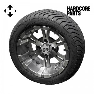 12" Machined/Gunmetal 'VAMPIRE' Golf Cart Wheels and 215/40-12 (18.5″x8.5″-12″) DOT rated Low Profile tires - Set of 4, includes Chrome 'SS' center caps and M12x1.25 Chrome lug nuts