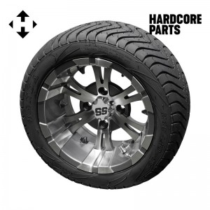 12" Machined/Gunmetal ‘Vampire’ Golf Cart Wheel and Tire Combo - Set of 4, includes 'SS' center caps and lug nuts