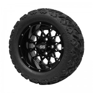 12" Black 'Venom' Golf Cart Wheels and 20"x10"-12" DOT rated All-Terrain tires - Set of 4, includes Black 'SS' center caps and M12x1.25 Black lug nuts