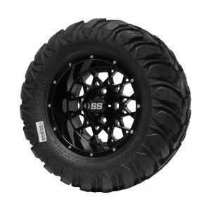 12" Black 'Venom' Golf Cart Wheels and 22"x11"-12"  DOT rated Mud-Terrain/All-Terrain tires - Set of 4, includes Black 'SS' center caps and 1/2x20 Black lug nuts