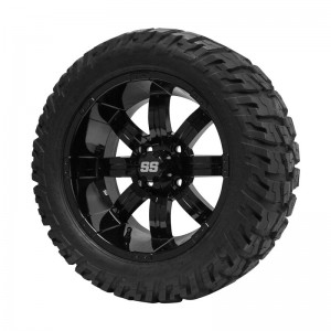 14" Black 'TEMPEST' Golf Cart Wheels and 22"x10.5"-14" GATOR On-Road/Off-Road DOT rated All-Terrain tires - Set of 4, includes Black 'SS' center caps and M12x1.25 Black lug nuts