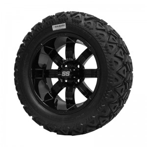 14" Black 'TEMPEST' Golf Cart Wheels and 23"x10"-14" DOT rated All-Terrain tires - Set of 4, includes Black 'SS' center caps and 1/2x20 Black lug nuts