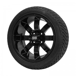 14" Black 'TEMPEST' Golf Cart Wheels and 205/30-14 (20"x8"-14") DOT rated Low Profile tires - Set of 4, includes Black 'SS' center caps and M12x1.25 Black lug nuts