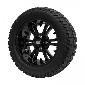 14" Black 'VAMPIRE' Golf Cart Wheels and 22"x10.5"-14" GATOR On-Road/Off-Road DOT rated All-Terrain tires - Set of 4, includes Black 'SS' center caps and M12x1.25 Black lug nuts