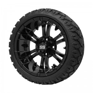 14" Black 'VAMPIRE' Golf Cart Wheels and 20"x8.5"-14" STINGER On-Road/Off-Road DOT rated All-Terrain tires - Set of 4, includes Black 'SS' center caps and M12x1.25 Black lug nuts