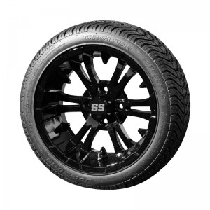 14" Black 'VAMPIRE' Golf Cart Wheels and 205/30-14 (20"x8"-14") DOT rated Low Profile tires - Set of 4, includes Black 'SS' center caps and M12x1.25 Black lug nuts