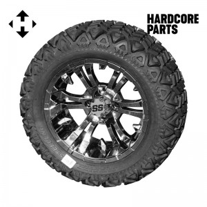 14" Chrome 'Vampire' Golf Cart Wheels and 23″x10″-14″ DOT rated All-Terrain tires - Set of 4, includes Chrome 'SS' center caps and 1/2x20 Chrome lug nuts
