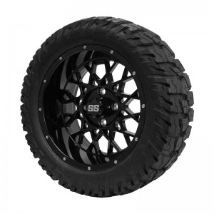 14" Black 'Venom' wheel Golf Cart Wheels and 22"x10.5"-14" GATOR On-Road/Off-Road DOT rated All-Terrain tires - Set of 4, includes Black 'SS' center caps and M12x1.25 Black lug nuts