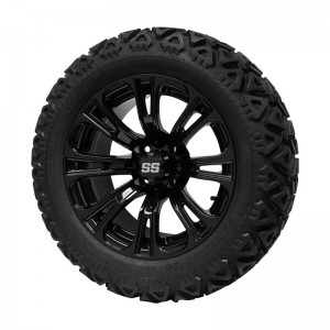 14" Black 'Voodoo' Golf Cart Wheels and 23"x10"-14" DOT rated All-Terrain tires - Set of 4, includes Black 'SS' center caps and M12x1.25 Black lug nuts