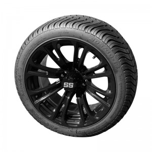 14" Black 'Voodoo' Golf Cart Wheels and 205/30-14 (20"x8"-14") DOT rated Low Profile tires - Set of 4, includes Black 'SS' center caps and 1/2x20 Black lug nuts