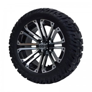 14" Machined/Black 'LANCER' Golf Cart Wheels and 22"x10.5"-14" GATOR On-Road/Off-Road DOT rated All-Terrain tires - Set of 4, includes Chrome 'SS' center caps & M12x1.25 Chrome lug nuts