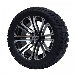 14" Machined/Black 'LANCER' Golf Cart Wheels and 22"x10.5"-14" GATOR On-Road/Off-Road DOT rated All-Terrain tires - Set of 4, includes Chrome 'SS' center caps and 1/2x20 Chrome lug nuts