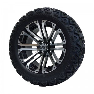 14" Machined/Black 'LANCER' Golf Cart Wheels and 23"x10"-14" DOT rated All-Terrain tires - Set of 4, includes Chrome 'SS' center caps and M12x1.25 Chrome lug nuts