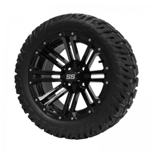 14" Black 'LANCER' Golf Cart Wheels and 22"x10.5"-14" GATOR On-Road/Off-Road DOT rated All-Terrain tires - Set of 4, includes Black 'SS' center caps and M12x1.25 Black lug nuts