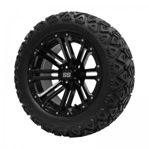 14" Black 'LANCER' Golf Cart Wheels and 23"x10"-14" DOT rated All-Terrain tires - Set of 4, includes Black 'SS' center caps and 1/2x20 Black lug nuts