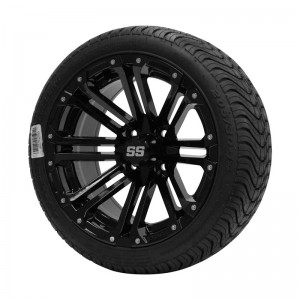 14" Black 'LANCER' Golf Cart Wheels and 205/30-14 (20"x8"-14") DOT rated Low Profile tires - Set of 4, includes Black 'SS' center caps and M12x1.25 Black lug nuts