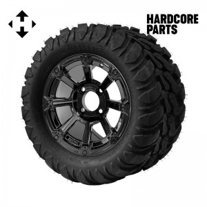 12" Black 'CYCLOPS' Golf Cart Wheels and 22″x11″-12″  DOT rated Mud-Terrain/All-Terrain tires - Set of 4, includes Black 'SS' center caps and 1/2"-20 lug nuts