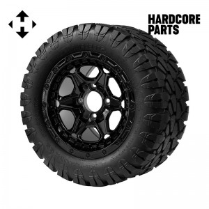 12" Black 'GRIZZLY' Golf Cart Wheels and 22″x10.5″-12″ STINGER On-Road/Off-Road DOT rated All-Terrain tires - Set of 4, includes Black 'SS' center caps and 1/2"-20 lug nuts