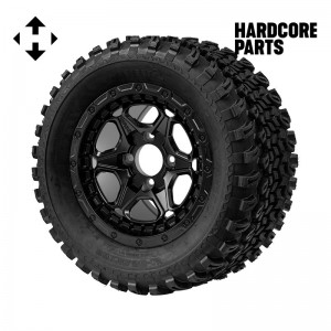 12" Matte Black 'GRIZZLY' Golf Cart Wheels and 23″x10.5″-12″ All-Terrain tires - Set of 4, includes Matte Black 'SS' center caps and 1/2"-20 lug nuts