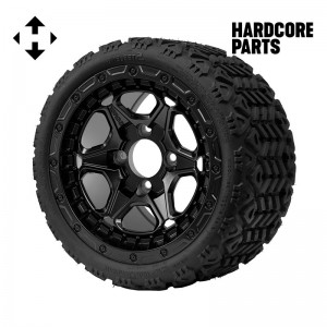 12" Matte Black 'GRIZZLY' Golf Cart Wheels and 18"x8.5"-12" All-Terrain tires - Set of 4, includes Matte Black 'SS' center caps and 1/2"-20 lug nuts