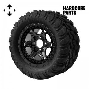 12" Matte Black 'GRIZZLY' Golf Cart Wheels and 22″x11″-12″  DOT rated Mud-Terrain/All-Terrain tires - Set of 4, includes Matte Black 'SS' center caps and 1/2"-20 lug nuts