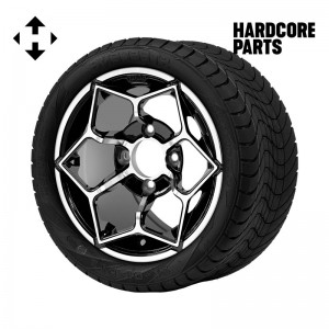12" Machined/Black 'HAMMERHEAD' Golf Cart Wheels and 215/40-12 (18.5″x8.5″-12″) DOT rated Low Profile tires - Set of 4, includes Chrome 'SS' center caps and 1/2"-20 lug nuts