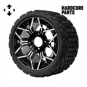12" Machined/Black 'MANTIS' Golf Cart Wheels and 18"x8.5"-12" All-Terrain tires - Set of 4, includes Chrome 'SS' center caps and 12x1.25 lug nuts