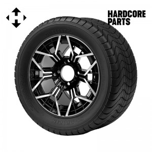 12" Machined/Black 'MANTIS' Golf Cart Wheels and 215/50-12 (20.5″x8.5″-12″) DOT rated Comfort Ride tires - Set of 4, includes Chrome 'SS' center caps and 1/2"-20 lug nuts