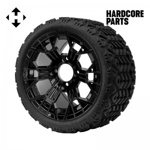 12" Black 'MANTIS' Golf Cart Wheels and 18"x8.5"-12" All-Terrain tires - Set of 4, includes Black 'SS' center caps and 1/2"-20 lug nuts