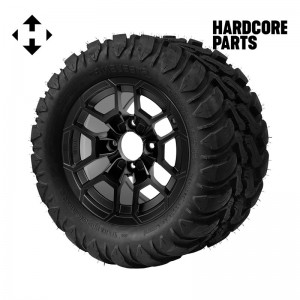 12" Matte Black 'TALON' Golf Cart Wheels and 22″x11″-12″  DOT rated Mud-Terrain/All-Terrain tires - Set of 4, includes Matte Black 'SS' center caps and 1/2"-20 lug nuts