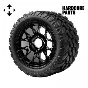 12" Black 'TARANTULA' Golf Cart Wheels and 20"x10"-12" DOT rated Mud-Terrain/All-Terrain tires - Set of 4, includes Black 'SS' center caps and 1/2"-20 lug nuts